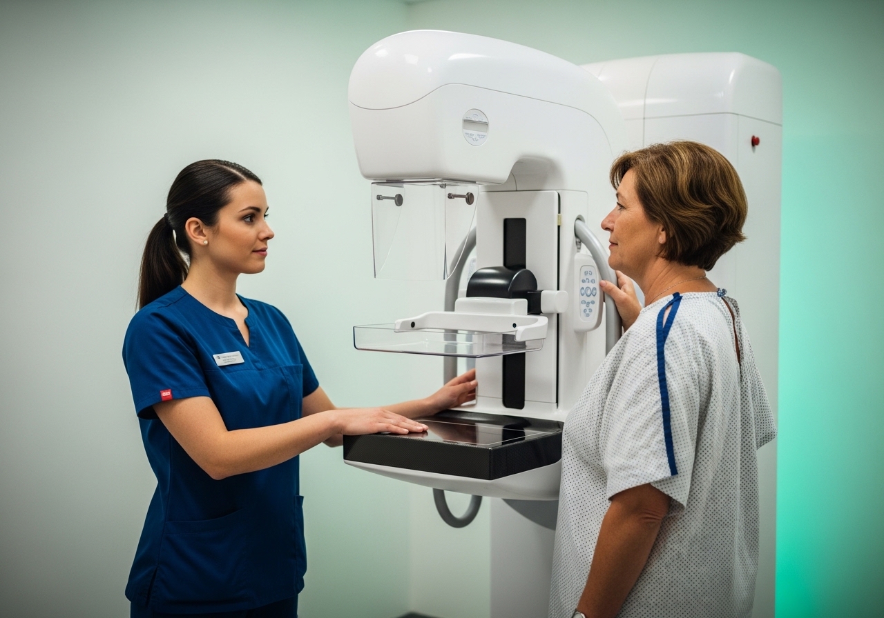Mamografi odası: teknisyen ve hastanın taramaya hazırlanma sahnesi