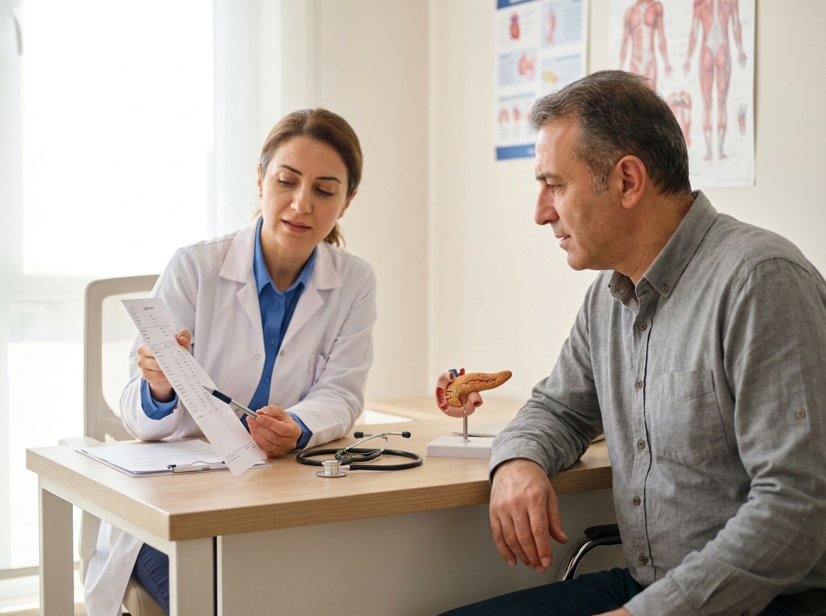 Klinikte doktor ve hastanın diyabet tedavi planını tartıştığı danışma sahnesi