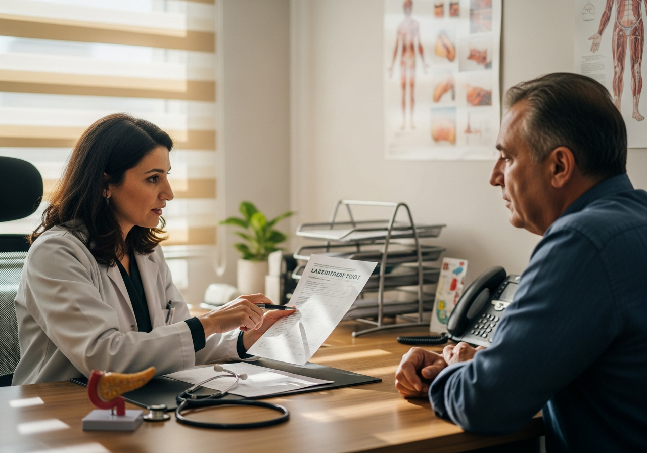 Klinikte doktor ve hastanın diyabet tedavi planını tartıştığı danışma sahnesi