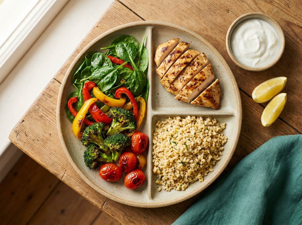 Diyabete uygun tabak modeli: yarısı sebze, çeyreği tam tahıl, çeyreği ızgara protein