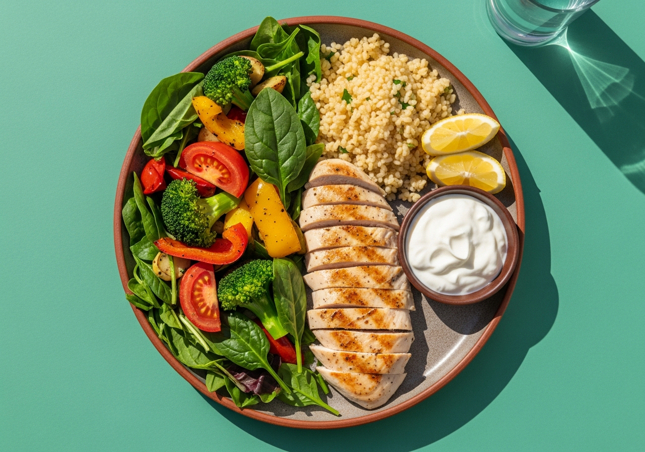 Diyabete uygun tabak modeli: yarısı sebze, çeyreği tam tahıl, çeyreği ızgara protein