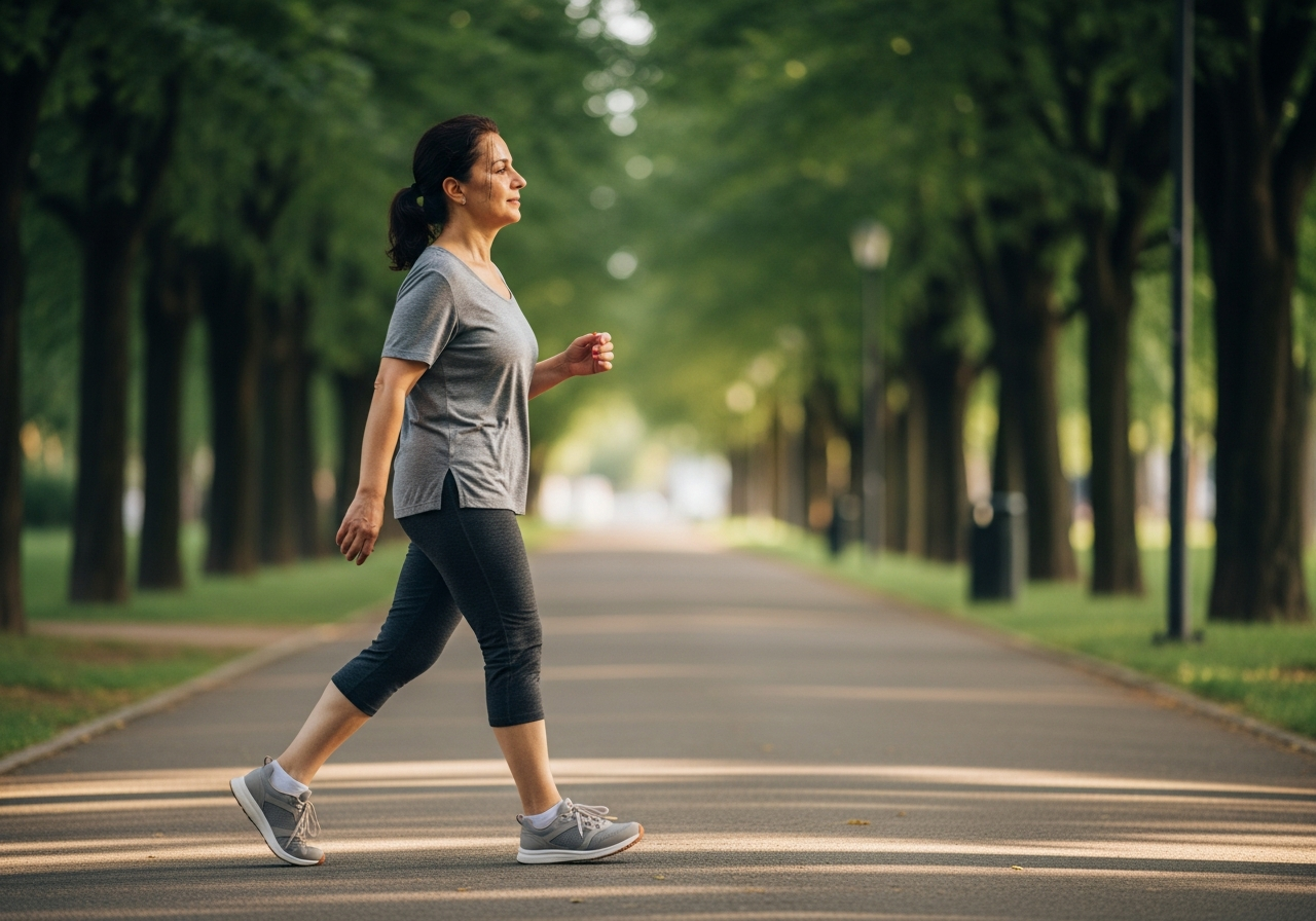Parkta tempolu yürüyen orta yaşlı yetişkin: haftalık 150 dakika aktivitenin pratik karşılığı