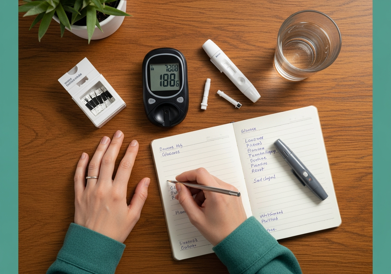 Evde glukometre, test şeritleri ve kan şekeri günlüğüyle kayıt tutan yetişkin