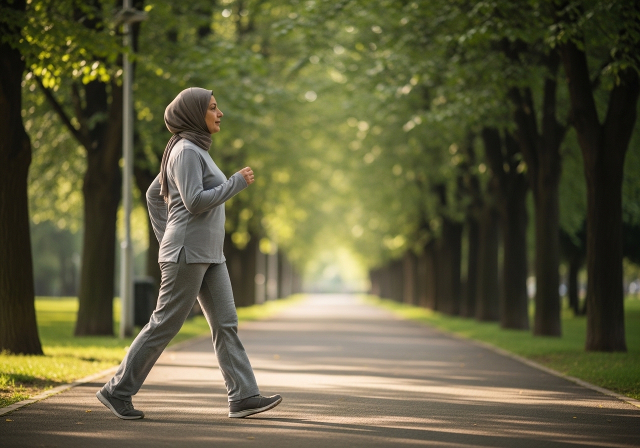 Parkta tempolu yürüyüş yapan orta yaşlı kadın, doğal sabah ışığı altında