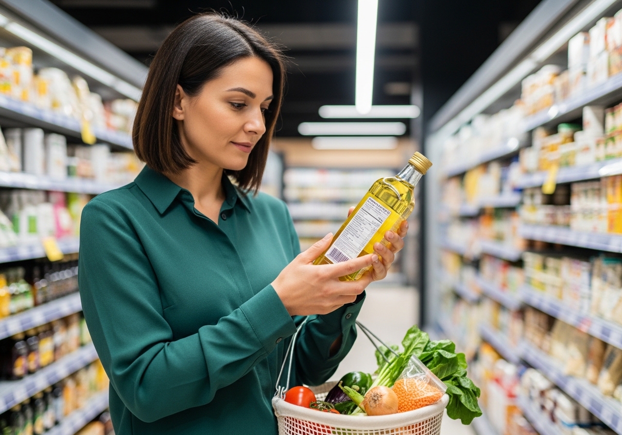 Bir yetişkin markette sıvı yağ şişesinin etiketini dikkatle inceliyor