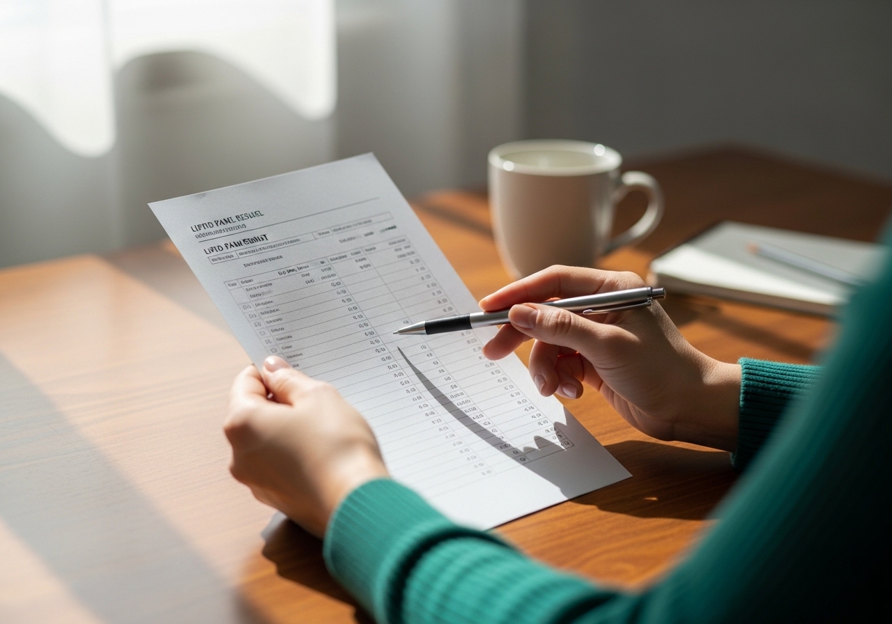 Ev ortamında basılı lipid paneli raporuna bakan bir yetişkin, elinde kalem