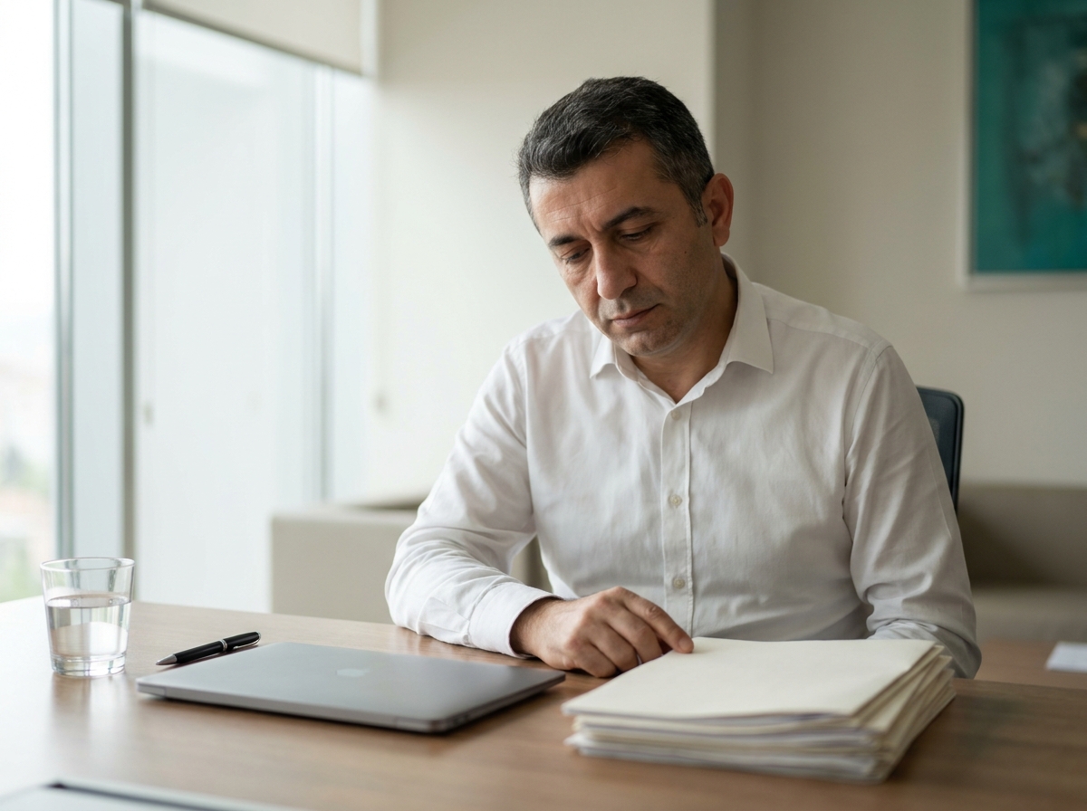 Yetişkin erkek toplantı odasında dolu masa karşısında, başı eğik, kâğıtlara odaklanmış ama dalgın