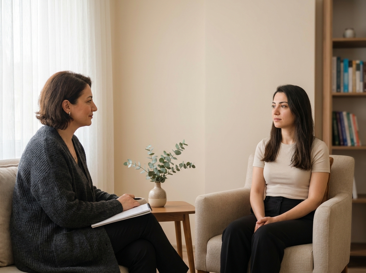 Psikolog kadın hekim ve danışan, danışma odasında karşılıklı oturmuş sakin biçimde konuşuyorlar