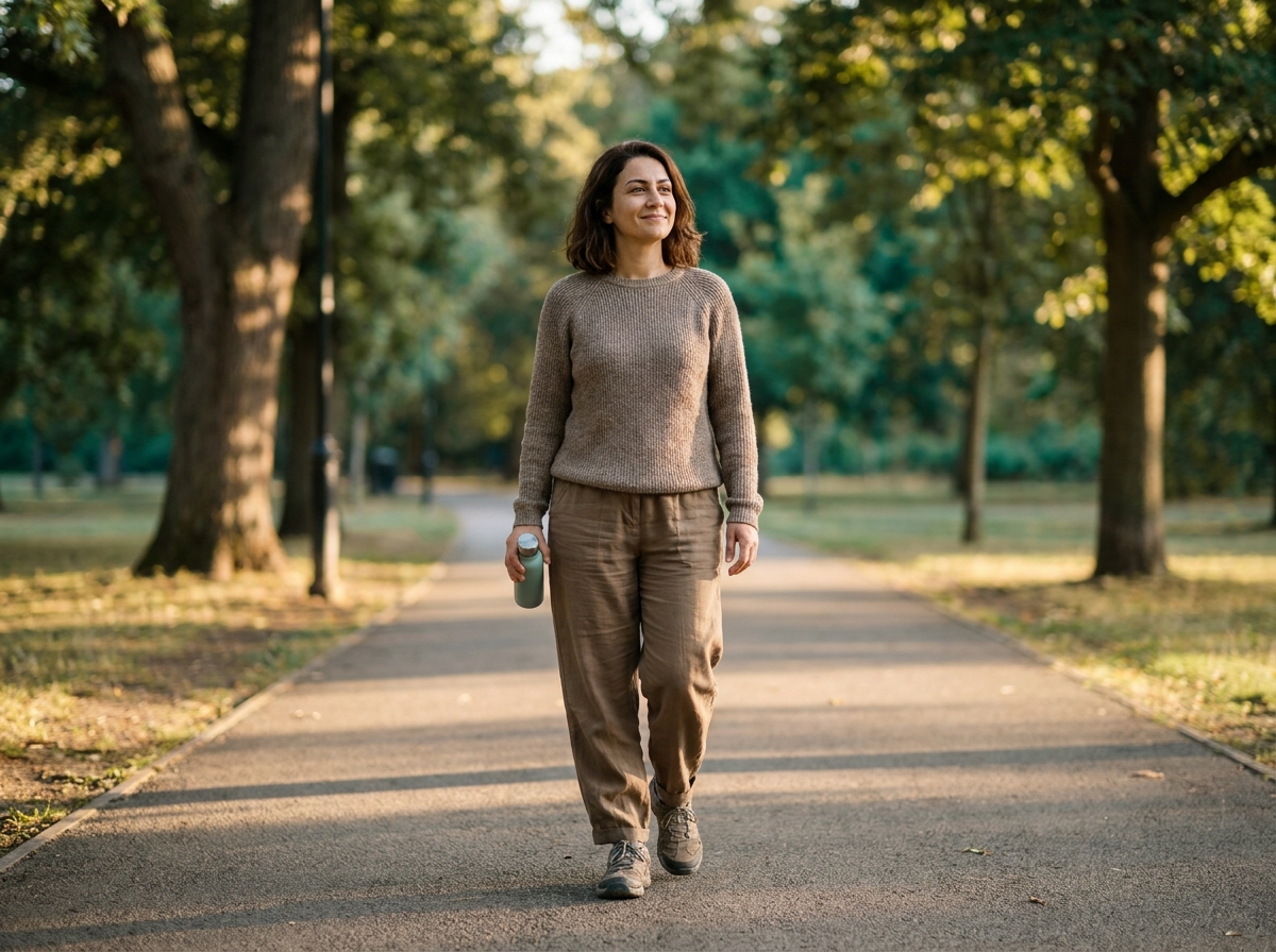 Yetişkin kadın parkta yürüyüş yaparken telefonun bildirim alanına bakıp gülümsüyor, dinlenmiş hali