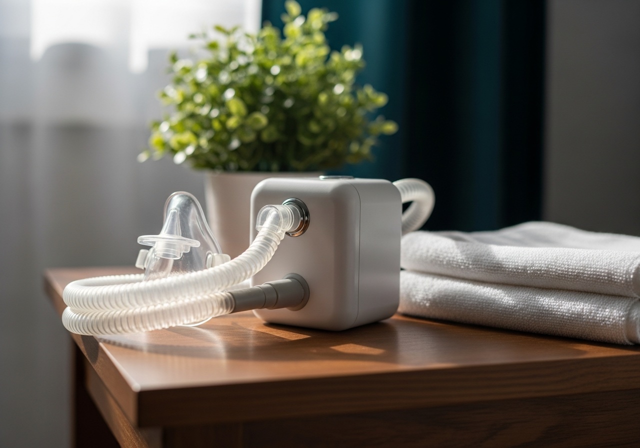 Yatak komidini üzerinde CPAP cihazı ve hava hortumu — yakın plan sabah ışığı