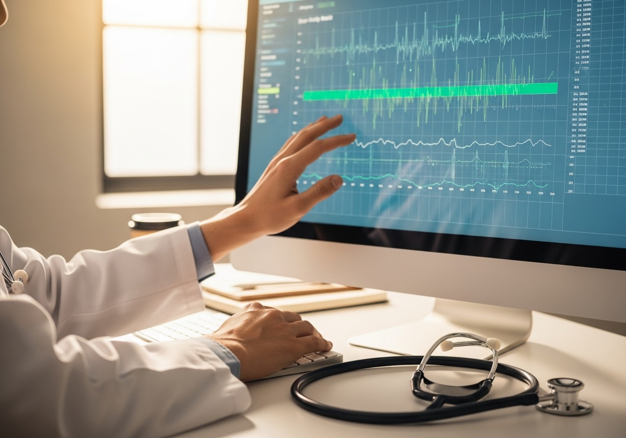 Göğüs hastalıkları hekimi uyku testi sonuç grafiklerini bilgisayar ekranında incelerken — yakın plan klinik sahne