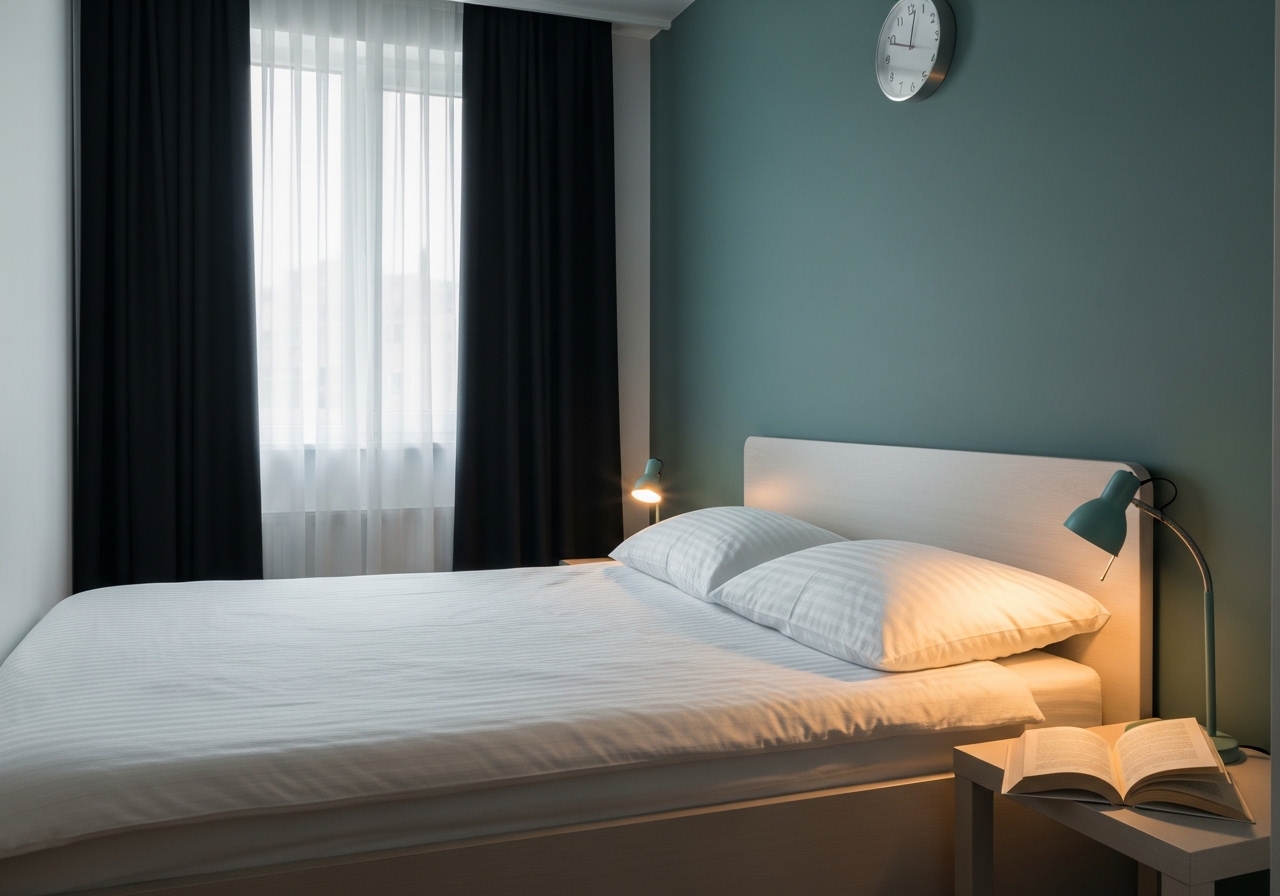 Uyku hijyenine uygun yatak odası: karartılmış perde, minimal eşya, kitap ve gece lambası