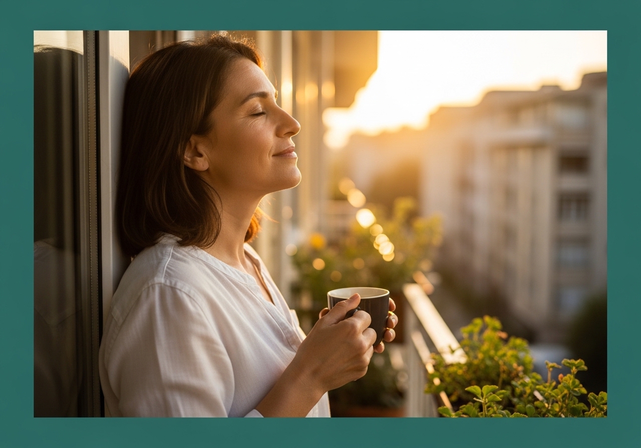 Sabah güneşinde açık havada kahve içen yetişkin: sirkadyen ritim için ışık maruziyeti