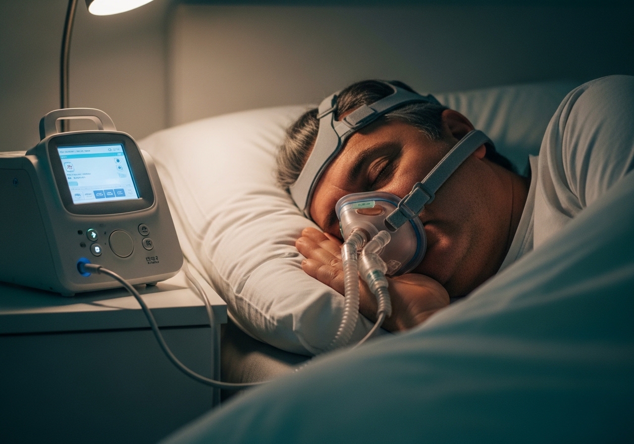 Yetişkin uyurken CPAP maskesini kullanıyor: uyku apnesi altın standart tedavisi