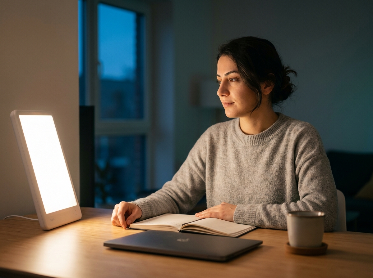 Yetişkin gece vardiyası çalışanı vardiya başında parlak masa lambası önünde oturuyor, sirkadyen ışık tedavisi sahnesi
