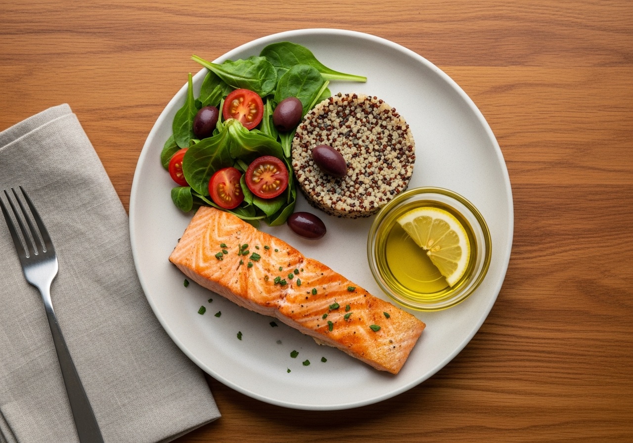 Izgara somon, kinoa, yeşil salata ve zeytinyağı içeren Akdeniz tipi tabak — üstten çekim