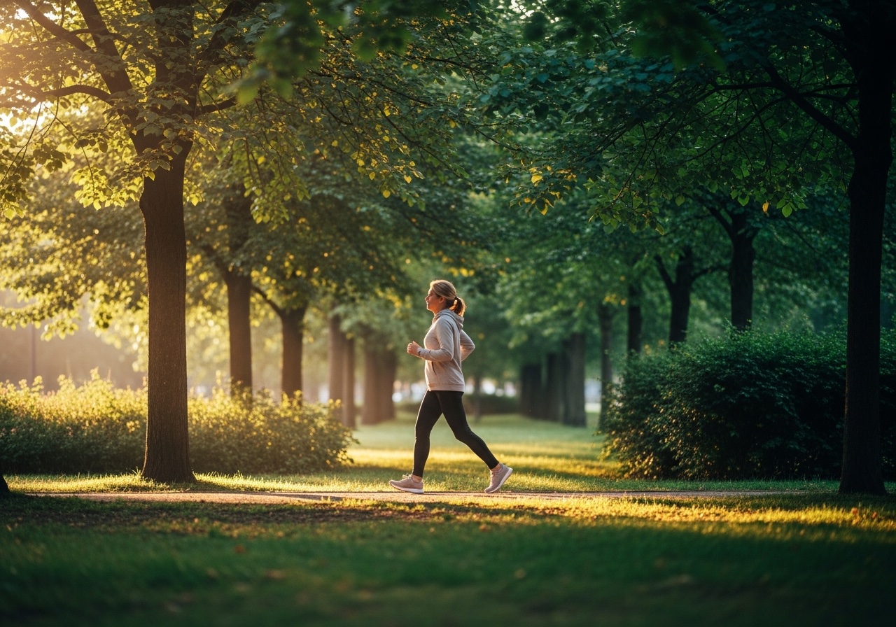 Yetişkin bir kişi sabah ışığında parkta tempolu yürüyüş yaparken — yan profilden geniş çekim