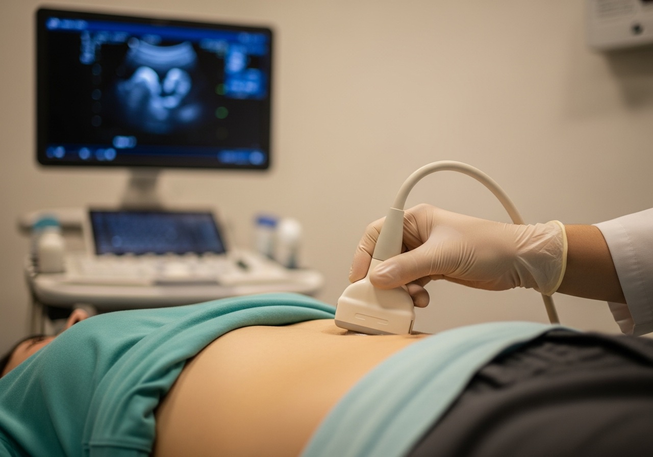 Karın ultrasonografisi sırasında hekimin gloved eli ve ekran detayı — yakın plan tanı sahnesi
